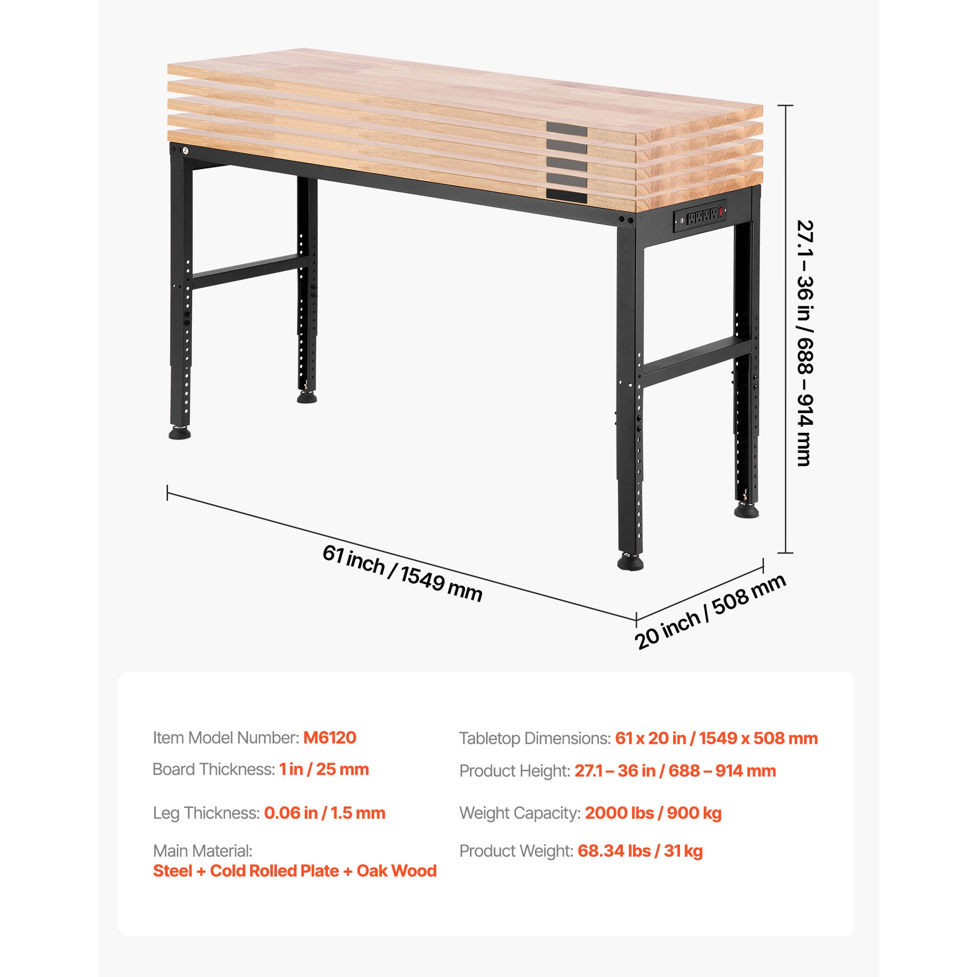 Adjustable Height Workbench With Power Outlets And Hardwood Top_voghion.com
